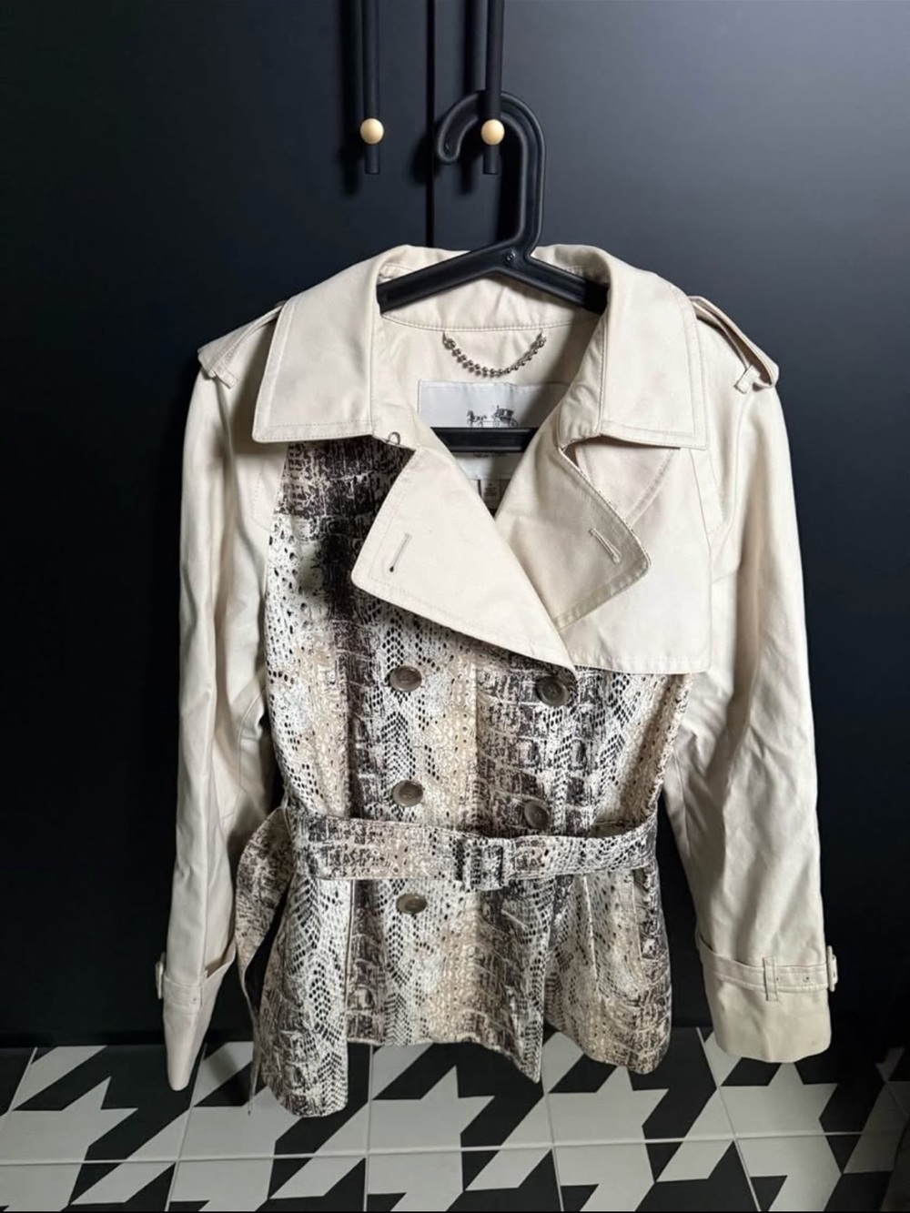 Coach Cream Trench Coat with Snake-Print Panel